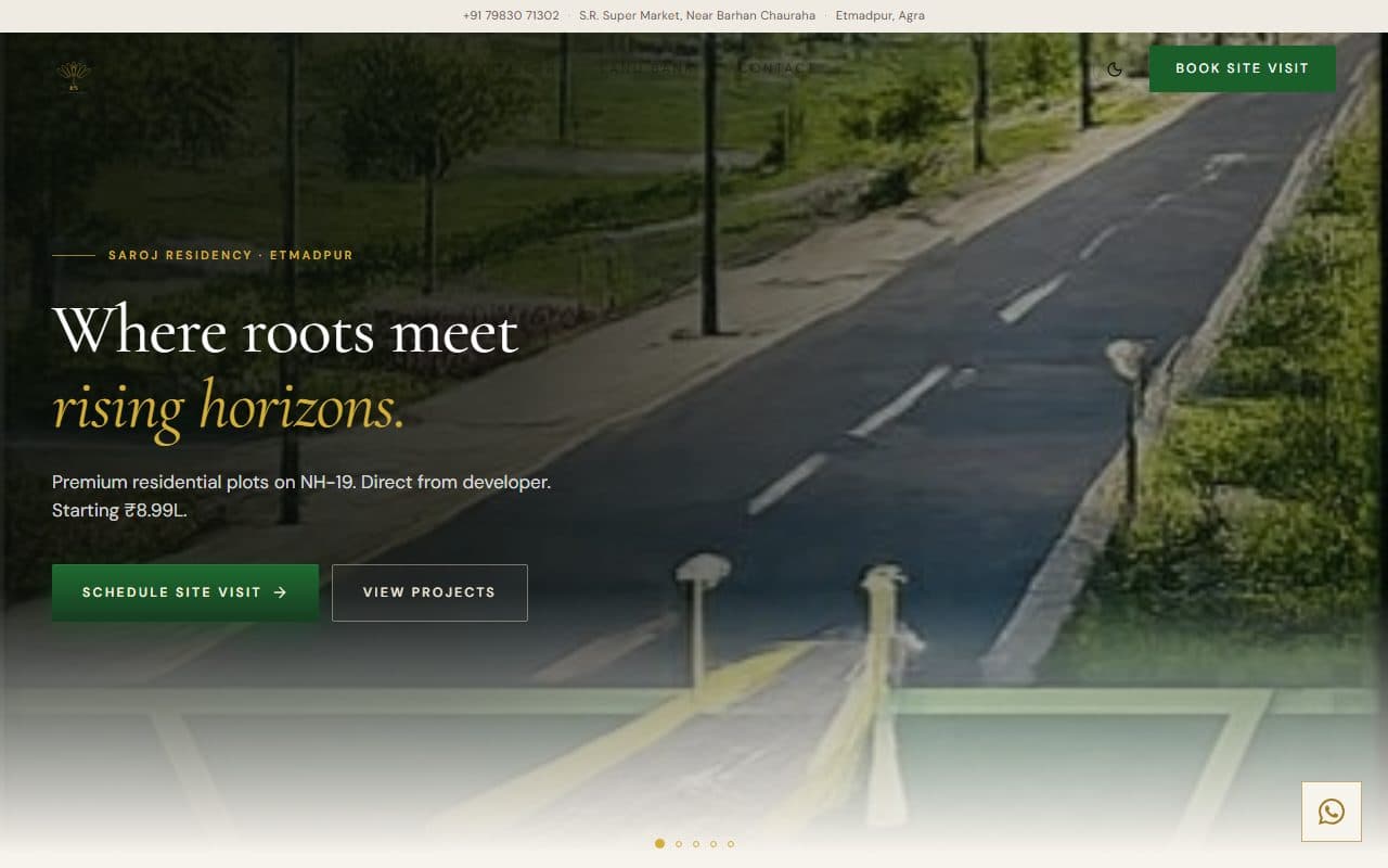 R³S Realty homepage — a hero reading “Where roots meet rising horizons.” over a plotted development road, with residential plots on NH-19 starting at ₹8.99L.
